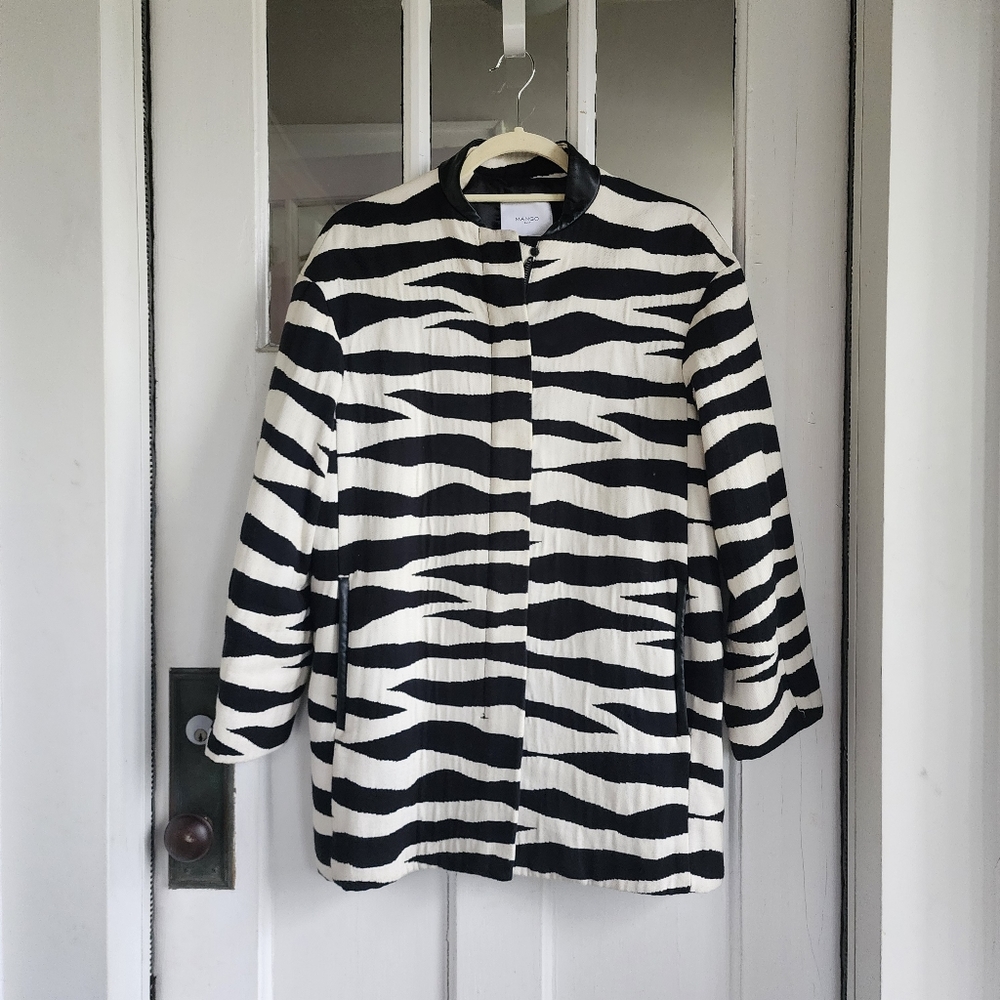 Mango Zebra Print Long Zip Front Jacket Coat